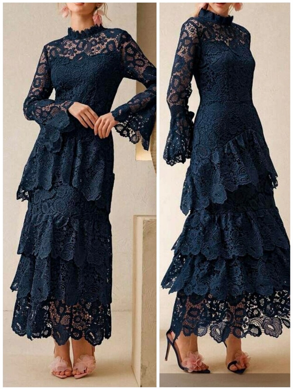 New Luxe Embroidered Sheer Floral Tiered Ruffle Maxi Dress Navy Blue - Picture 1 of 9